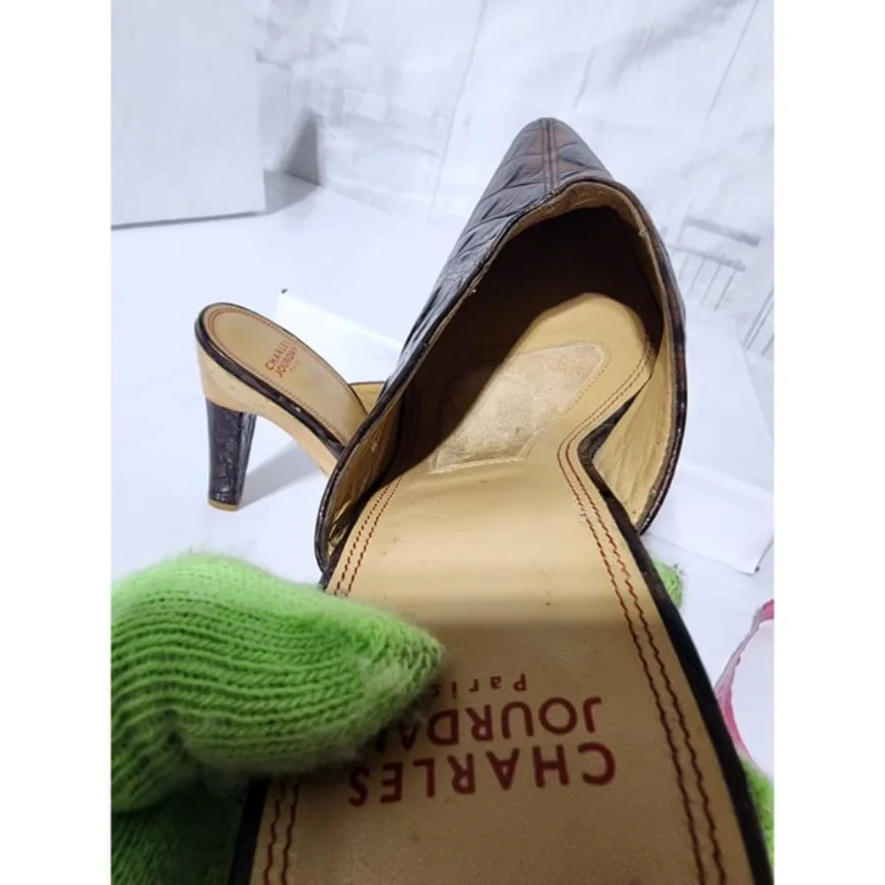 Authentic Charles Jourdan Snake Skin Leather on Wooden Platform Heels Brown